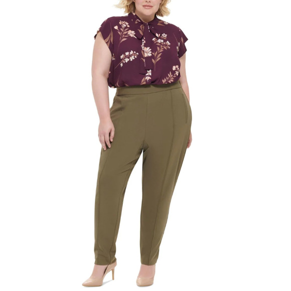 CALVIN KLEIN Women Trousers 22W Green Mid-Rise Pull-On Slim Straight Pants NWT - Picture 2 of 13